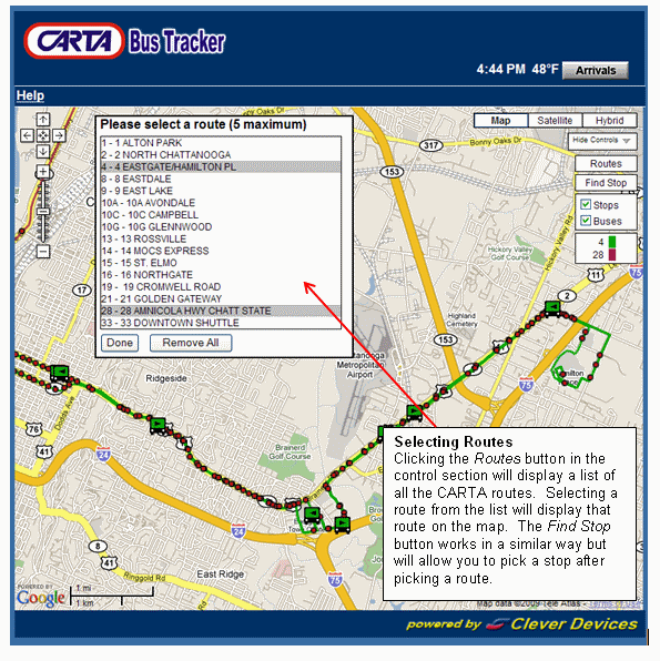 Selecting Routes - Clicking the Routes button in the control section will display a list of all the Metra routes.  Selecting a route from the list will display that route on the map.  The Find Stop button works in a similar way but will allow you to pick a stop after picking a route.